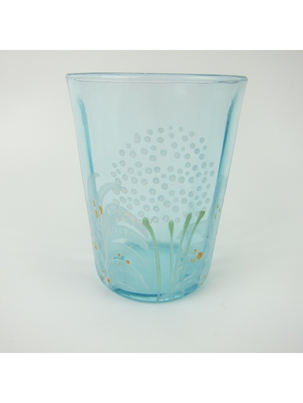 Antique Victorian Aqua Blue Glass Tumbler 4" Hand Painted Floral Enamel Bohemian